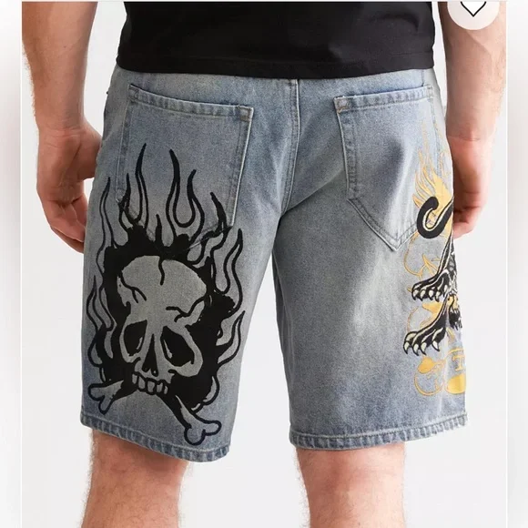 Ed Hardy Graphic Blue Jean Shorts for Men - Picture 4 of 8